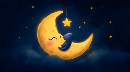 Naklejka premium Digital illustration of a crescent moon with a small, seated character and a hanging star in a dark night sky.