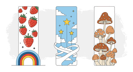 Bookmarks with strawberries and mushrooms on a starry sky