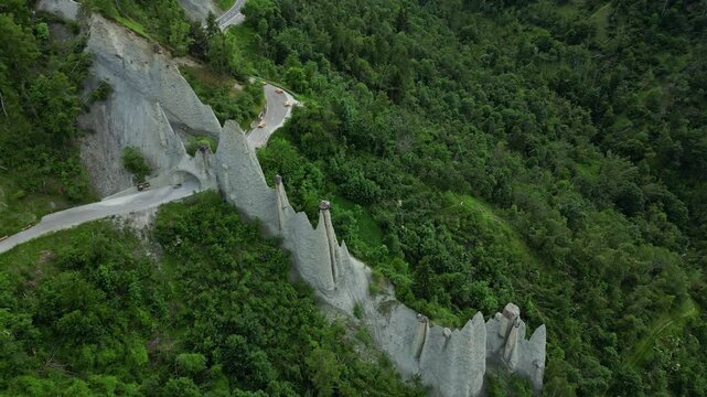 Aerial Top View Of Pyramides d'Euseigne In The Swiss Alps