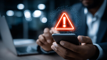 System warning hacked alert, cyber attack on computer network. Businessman using mobile phone with warning sign notification error, Malicious software, virus and cybercrime, Cybersecurity
