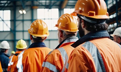 Engineers and supervisor reading instructions in a large factory. Security and safety concept