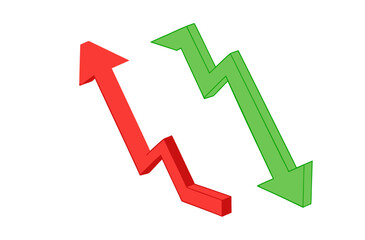 3D Red and Green Zigzag Arrows on White Background – Symbolic Vector Illustration of Decline and Growth Trends