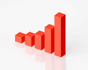 3D Bar Graph Red Rising Exponentially Top Side View with Glass Reflection White Background, Presentation Business Graphic
