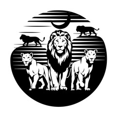 Striking black and white illustrations of lion families with bold silhouettes. The first design shows lions in a circular frame beneath a rising sun; the second features a similar group under a cresce