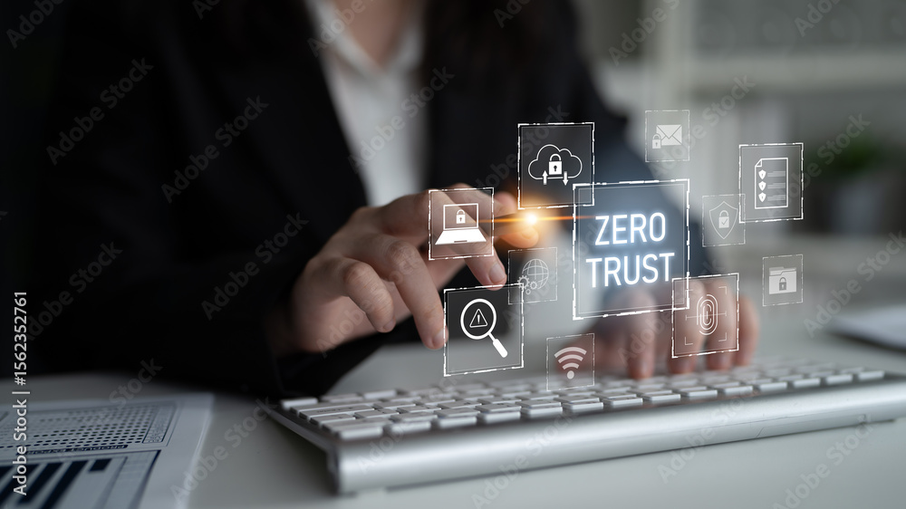 Poster zero trust model enhances data protection. zero trust blocks unauthorized access, secures devices, z