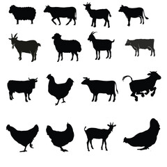 A collection of farm animal silhouettes including horses, cows, and chickens, perfect for vector illustrations
This set features black vector silhouettes of common farm animals such as pigs, sheep, an