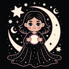 Kawaii tarot card of &ldquo;The Witch&rdquo; with girl sitting on crescent moon holding glowing orb on black background