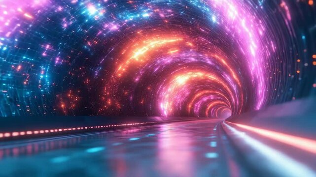 Colorful glowing tunnel with neon lights, digital art style, on a dark reflective background, concept of future transportation or sci-fi travel