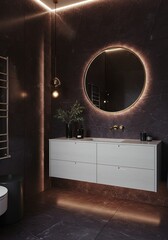 Modern Bathroom Design with Round Mirror and Vanity