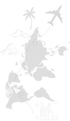 jpg and vecor design with plane starting from city and flying over few destinies: wild forest, montain, exotic palm place; dashed line as a aircraft trail; white (transparent) background; world map 
