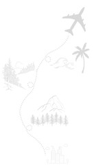 vertical jpg and vecor design with plane starting from city and flying over few destinies: wild forest, montain, exotic palm place; dashed line as a aircraft trail; white (transparent) background