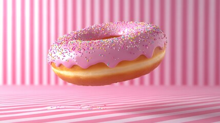 Digital illustration of a pink frosted donut with colorful sprinkles floating against a striped pink background.