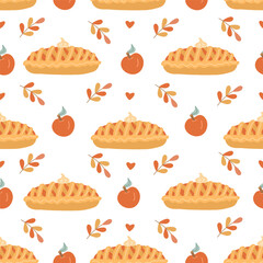 Seamless pattern with hand drawn apple pies, red apples, hearts, and autumn branches. Perfect for cozy fall textile, fabric prints, and seasonal backgrounds