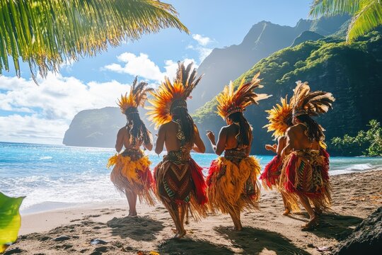 Marquesan group performs Bird Dance on the beach in French Polynesia, Native Marquesan group performing Bird Dance Marquesas Pacific