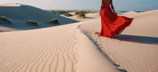 Woman in red dress walking in desert dunes, fashion and lifestyle concept