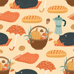 Seamless pattern with black sleeping cats, cozy autumn pies, pumpkins, and coffee pots. Perfect for fall themed textile, kitchen fabric, and seasonal wallpapers.