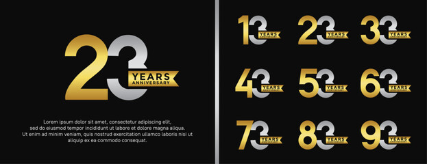 set of anniversary logo flat gold and silver color on black background for celebration moment