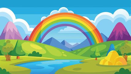 Cartoon Landscape with Rainbow, Hills, River, Trees, and Mountains in the Background