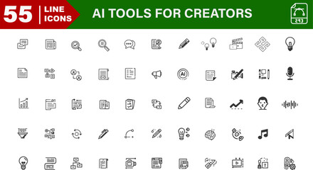 AI Tools for Creators Vector Icons Set – Auto Color, AI Logo Generator, Prompt Tool, Voice to Text, Script Writing, Concept Sketch

