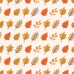 Seamless pattern with hand drawn autumn leaves in warm fall colors. Perfect for textile, seasonal fabric, wallpaper, and cozy autumn themed backgrounds.