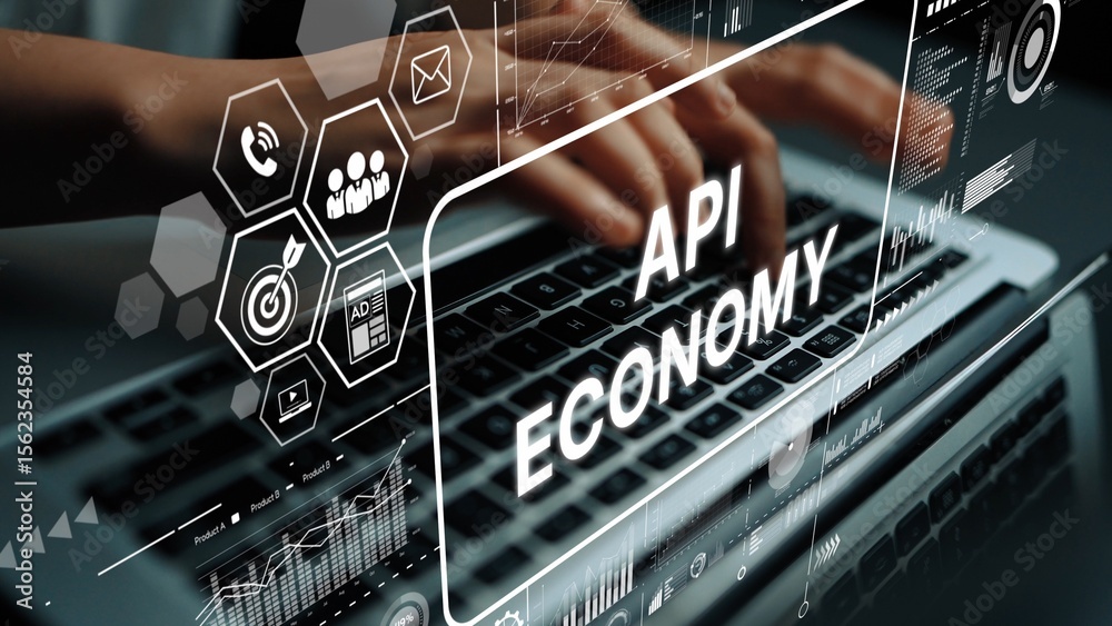 Poster hands typing on laptop keyboard with digital icons representing api economy and data analysis concep
