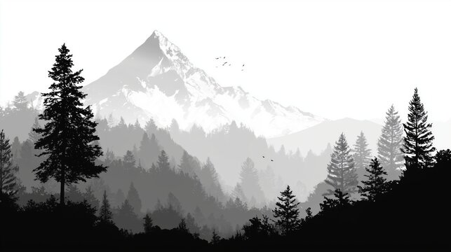 minimal black and white vector mountain landscape with bold contrast design