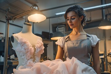 A fashion designer stands beside a mannequin, layering soft pastel fabric for a bridal gown. Her studio combines modern decor with traditional tools, illuminated by industrial lights.