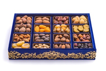 A delectable assortment of dried fruits and various nuts presented in a beautiful blue ornamental velvet box.