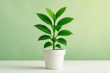 A small plant with green leaves in a white pot against a green background