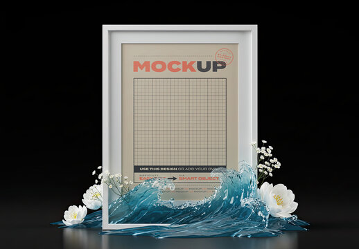 Waves and Flowers Vertical Frame Poster Image Mockup