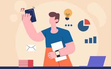 flat cartoon people, a man with paperwork data analyst illustrate the concept of business work