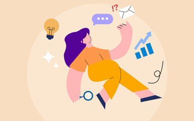 Cartoon vector illustration of a girl with a bulb, mail, and hold magnifying glassa nd business people symbol design