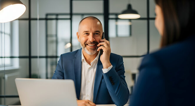 Businessman Talking on Mobile Phone in Office Meeting