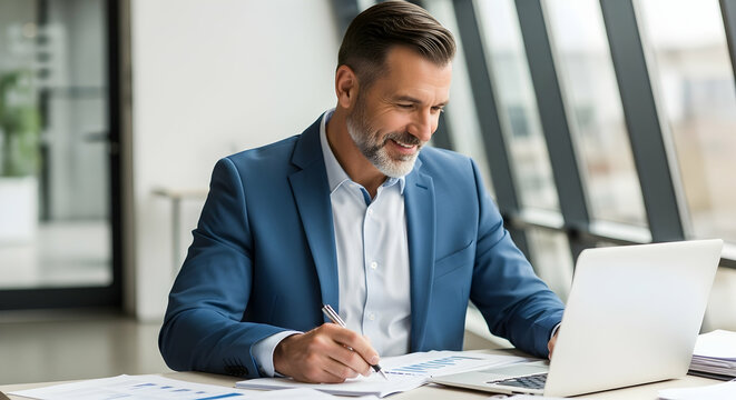 Man Analyzing Charts While Using Laptop at Desk in Office