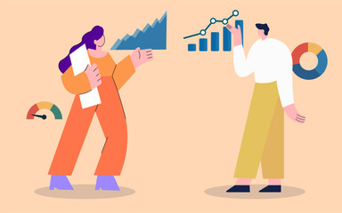 Vector cartoon illustration of business people, a man and woman in an office silhouette