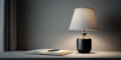 Modern black desk lamp with soft light over open notebook and pen, minimalist grey background