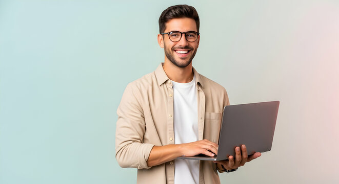 Man Smiling Holding Laptop Computer in Studio