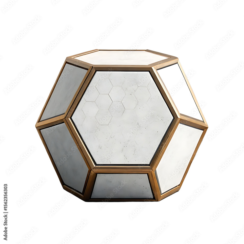 Fototapete modern geometric dodecahedron object with white hexagonal panels and gold trim isolated on transpare