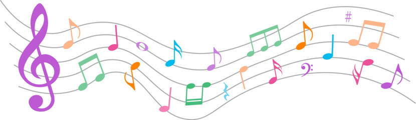 Colorful music notes with swirls, isolated vector illustration.