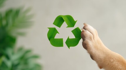 Dog Paw Touching Green Recycle Symbol Surrounded by Leaves in Fresh Natural Setting