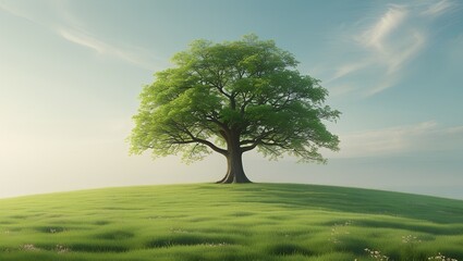 Obraz premium Single Tree on a Grassy Plain Under a Pale Sky