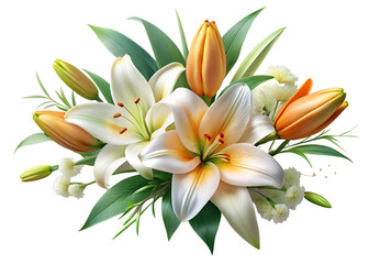 A beautiful bouquet of white and orange lilies isolated on transparent background © MSTMAYA