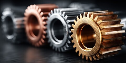 Metallic Industrial Gears in Focus with Steel, Bronze, and Silver Tones on Dark Background

