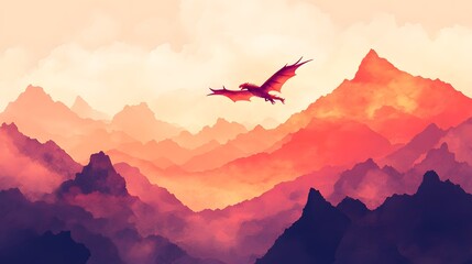 Digital illustration of a silhouetted dragon soaring against a dramatic mountain range.