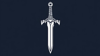 Digital illustration of a stylized, silver sword with ornate, wing-like flourishes.