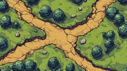 Digital illustration depicts a green grassy terrain featuring a meandering stone path and scattered bushes.