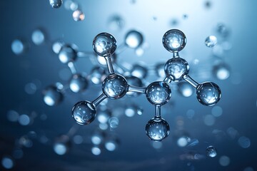 Close up of a transparent molecular structure with a central atom connected to surrounding atoms against a blurred blue background with bokeh effects