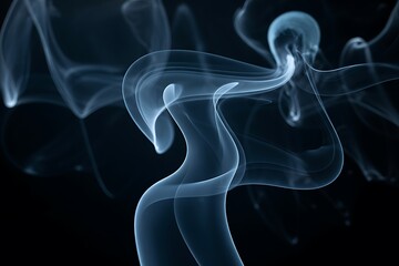 Abstract flowing blue smoke wisps with soft light and dark background creating elegant ethereal shapes and curves