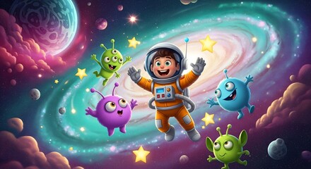 Naklejka premium Cartoon astronaut and friendly aliens exploring a vibrant galaxy filled with stars and planets illustration