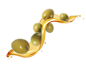 Green olives in golden olive oil splash on a white background